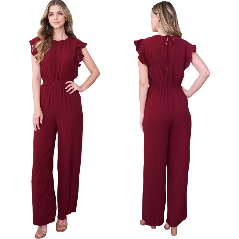 Ina Deep Red Ruffle Sleeve Jumpsuit - Picture 3 of 5